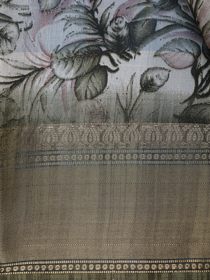 Olive Green Floral Printed Tissue Saree - Diadem