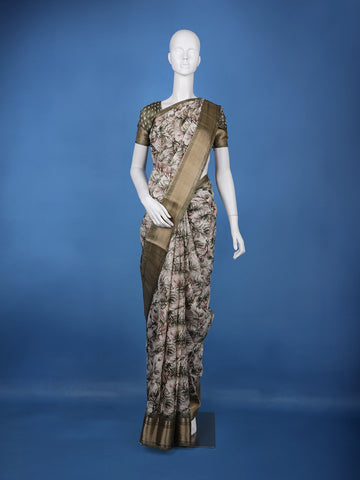 Olive Green Floral Printed Tissue Saree - Diadem
