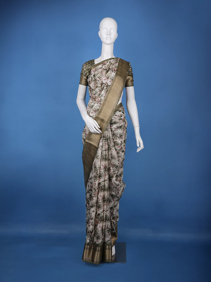 Olive Green Floral Printed Tissue Saree - Diadem