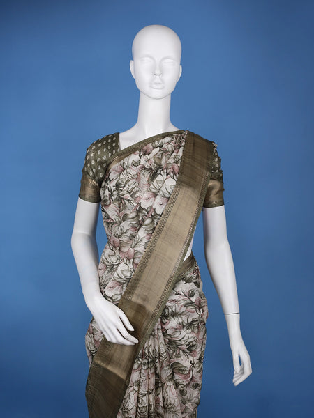 Olive Green Floral Printed Tissue Saree - Diadem