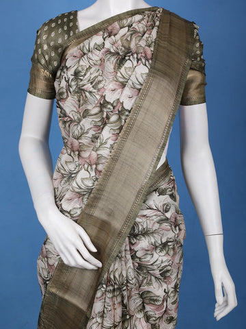 Olive Green Floral Printed Tissue Saree - Diadem