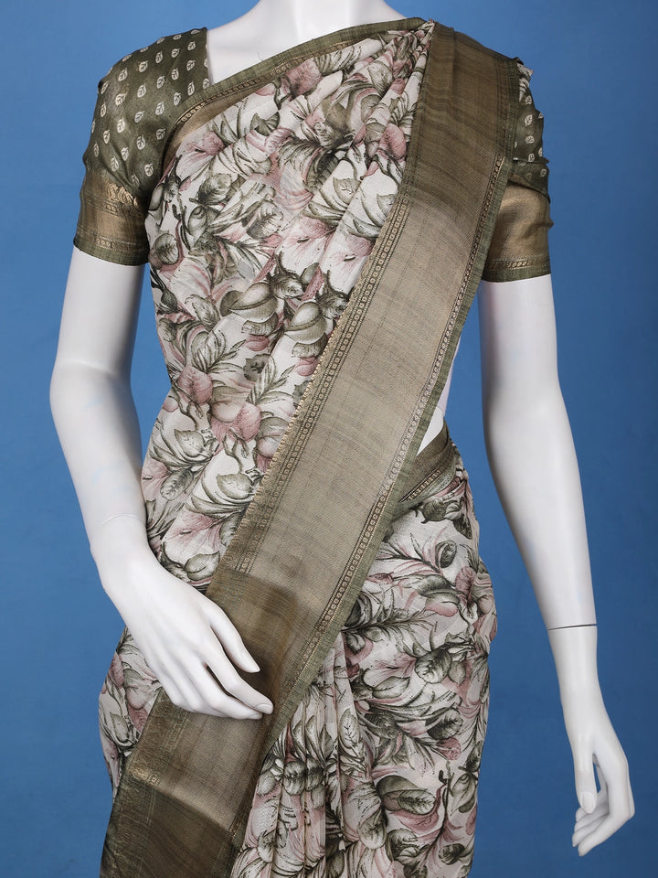 Olive Green Floral Printed Tissue Saree - Diadem