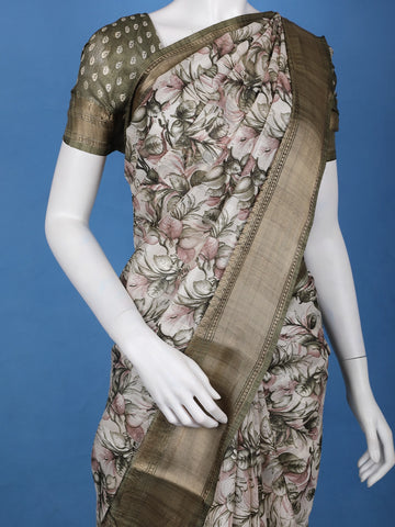 Olive Green Floral Printed Tissue Saree - Diadem