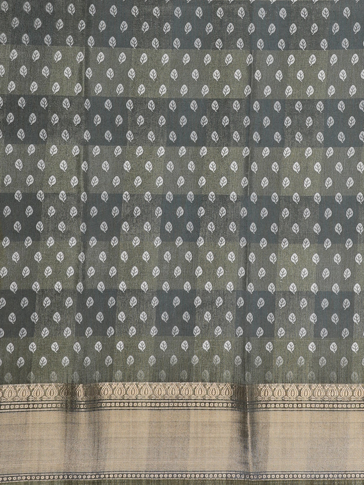 Olive Green Floral Printed Tissue Saree - Diadem