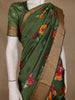 Olive Green Floral Printed Tussar Silk Saree