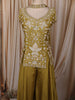 Olive Green Floral Vine Thread and Beads Embroidered Design Tissue Part Wear Palazzo Suit with Choker Dupatta