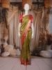 Olive Green Floral Woven Design Pure Kanchipuram Silk Saree with Contrast Pink Border