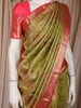 Olive Green Floral Woven Design Pure Kanchipuram Silk Saree with Contrast Pink Border