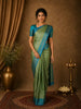 Olive Green Floral Woven Design Soft Silk Saree with Contrast Teal Blue Zari Border