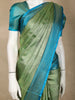 Olive Green Floral Woven Design Soft Silk Saree with Contrast Teal Blue Zari Border