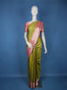 Olive Green Floral Woven Kanchipuram Silk Saree With Contrast Pink Zari Border