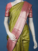 Olive Green Floral Woven Kanchipuram Silk Saree With Contrast Pink Zari Border
