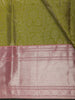 Olive Green Floral Woven Kanchipuram Silk Saree With Contrast Pink Zari Border