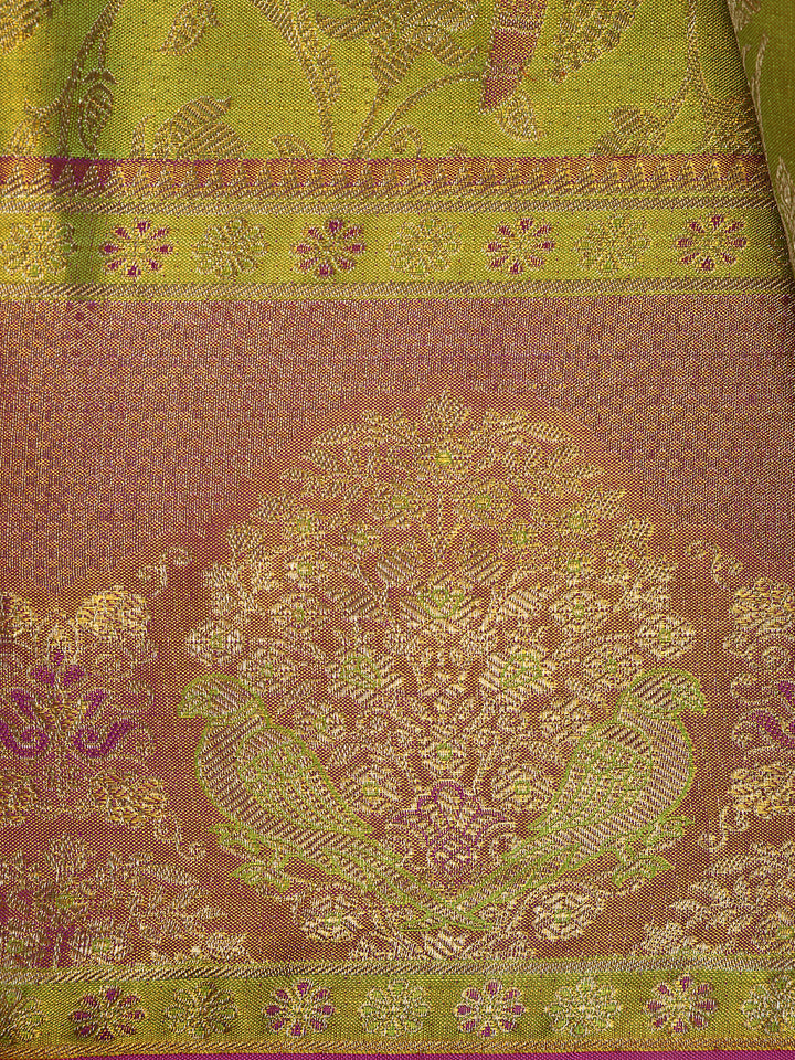 Olive Green Floral Woven Pure Kanchipuram Silk Saree - Diadem