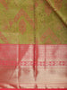 Olive Green Floral Woven Pure Kanchipuram Silk Saree with Contrast Rose Pink Zari Border