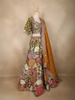 Olive Green Floral and Mirror Embroidered Banarasi Silk Lehenga Set