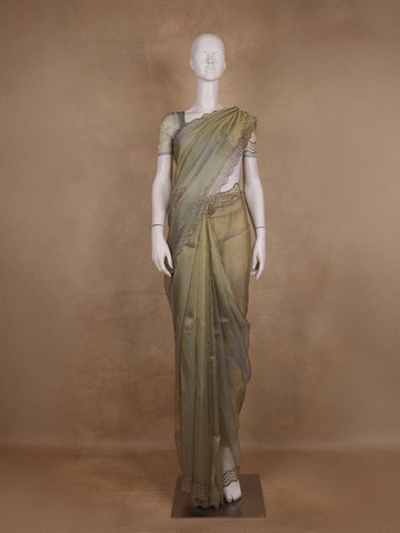 Olive Green Floral sequin and bead embroidery Organza Saree - Diadem