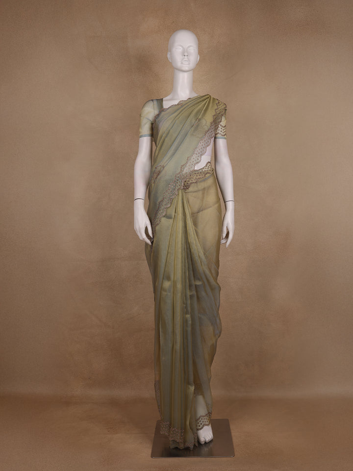 Olive Green Floral sequin and bead embroidery Organza Saree - Diadem