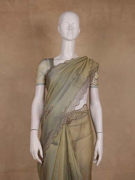 Olive Green Floral sequin and bead embroidery Organza Saree - Diadem