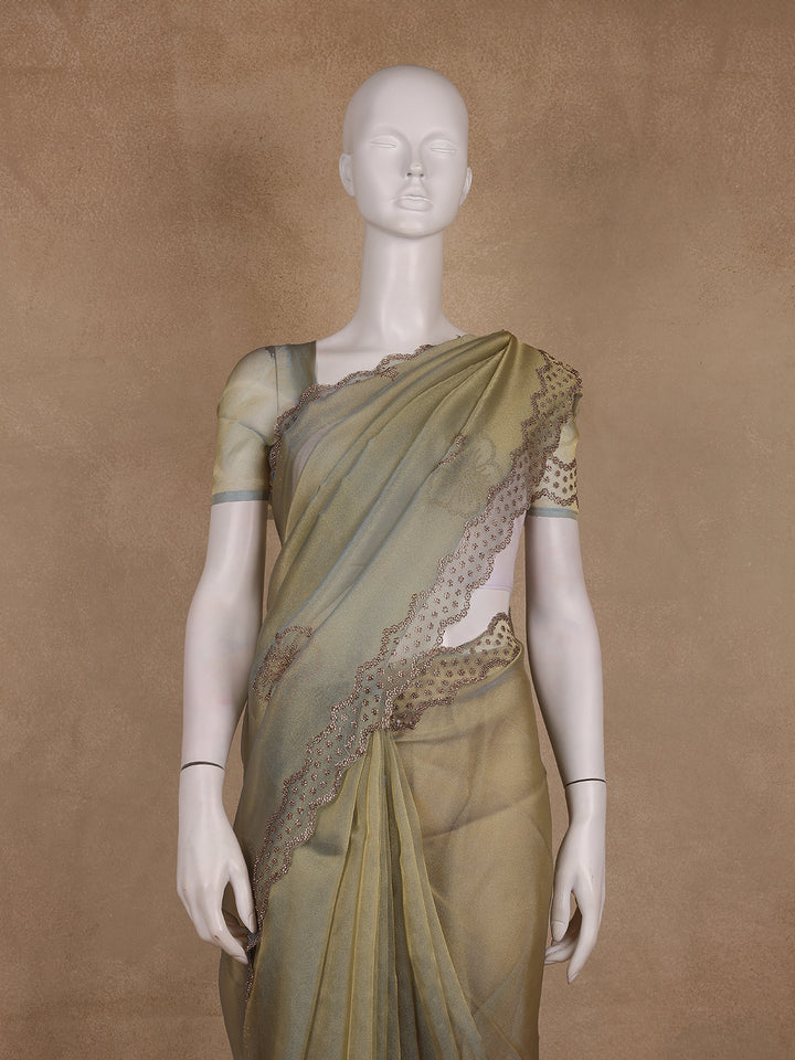 Olive Green Floral sequin and bead embroidery Organza Saree - Diadem