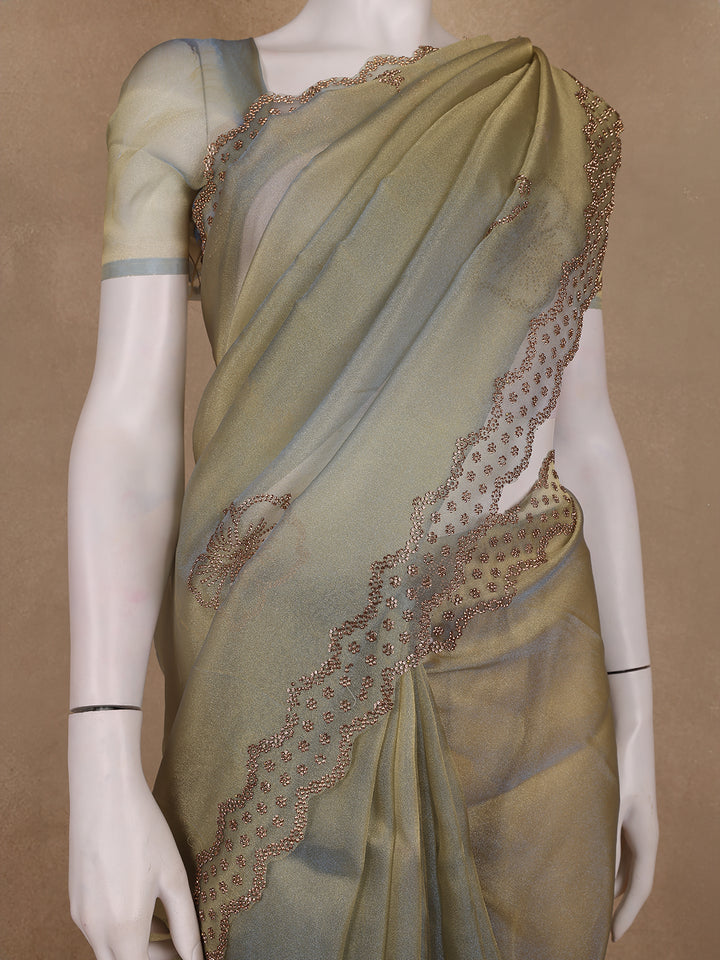 Olive Green Floral sequin and bead embroidery Organza Saree - Diadem
