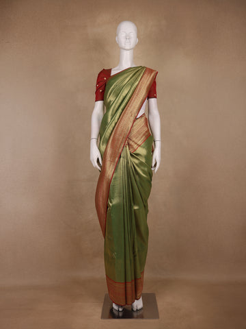 Olive Green Geometric Design Tissue Saree - Diadem