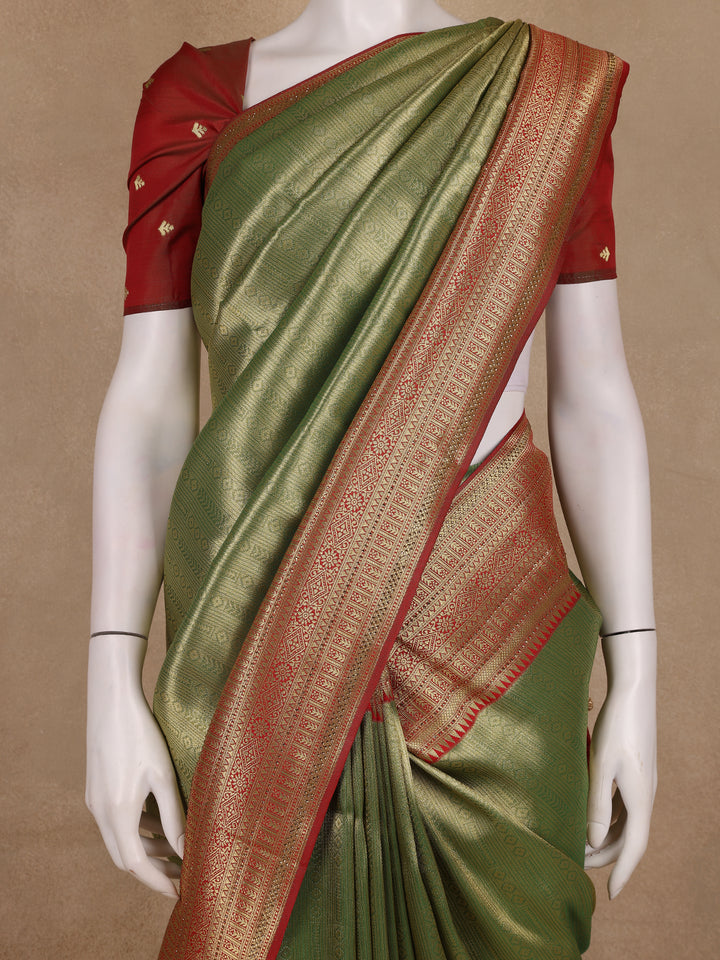 Olive Green Geometric Design Tissue Saree - Diadem