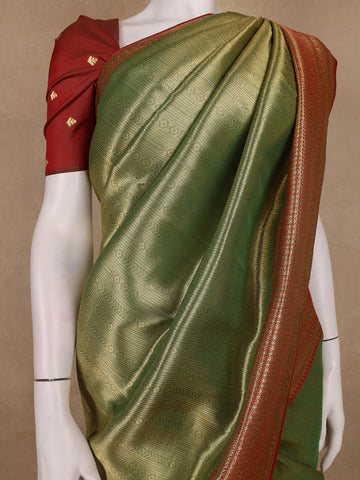 Olive Green Geometric Design Tissue Saree - Diadem