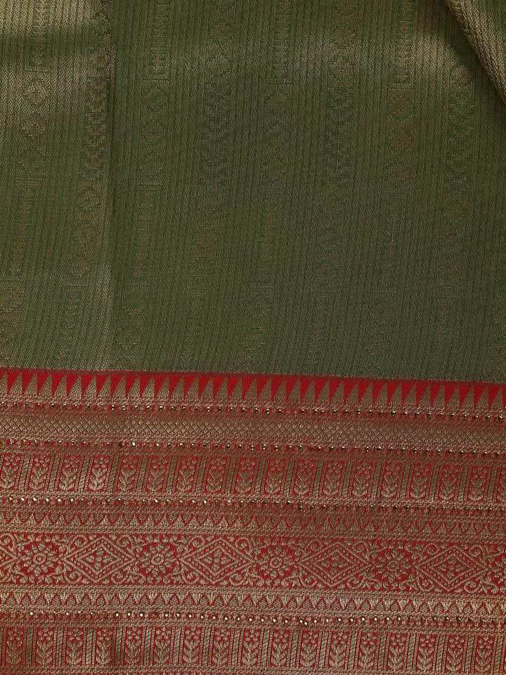 Olive Green Geometric Design Tissue Saree - Diadem