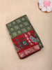 Olive Green Ikat Printed Design Chanderi Cotton Saree with Contrast Zari Woven Border
