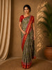Olive Green Kalamkari Printed Cotton Saree with Contrast Red Border