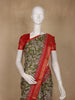 Olive Green Kalamkari Printed Cotton Saree with Contrast Red Border