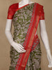 Olive Green Kalamkari Printed Cotton Saree with Contrast Red Border