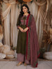 Olive Green Kalamkari Printed Design Cotton Straight Cut Salwar Suit wit Contrast Dupatta