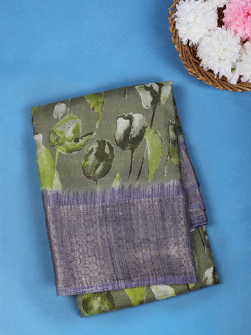 Olive Green Leaf Printed Raw Silk Saree - Diadem