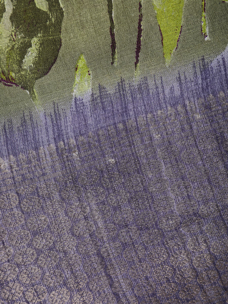 Olive Green Leaf Printed Raw Silk Saree - Diadem