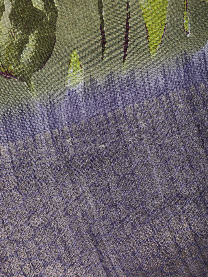 Olive Green Leaf Printed Raw Silk Saree - Diadem