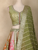 Olive Green Mirror Work Banarasi Silk Lehenga Set with Multicolor Panel Skirt