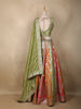 Olive Green Mirror Work Banarasi Silk Lehenga Set with Multicolor Panel Skirt