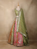 Olive Green Mirror Work Banarasi Silk Lehenga Set with Multicolor Panel Skirt