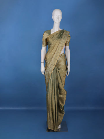 Olive Green Paisley Design Tissue Saree - Diadem