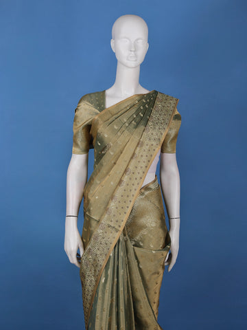 Olive Green Paisley Design Tissue Saree - Diadem