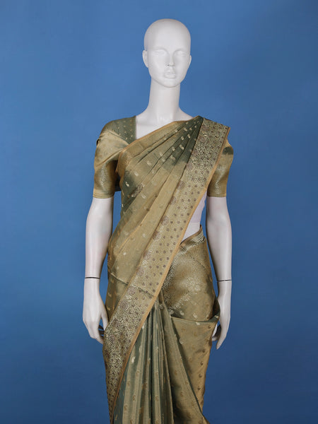 Olive Green Paisley Design Tissue Saree - Diadem