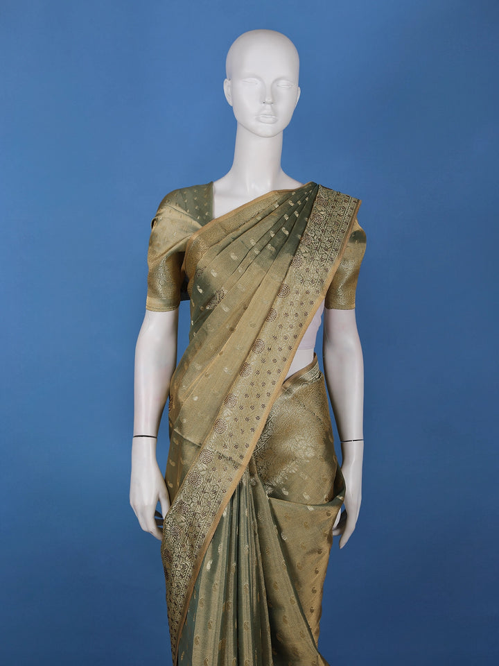 Olive Green Paisley Design Tissue Saree - Diadem