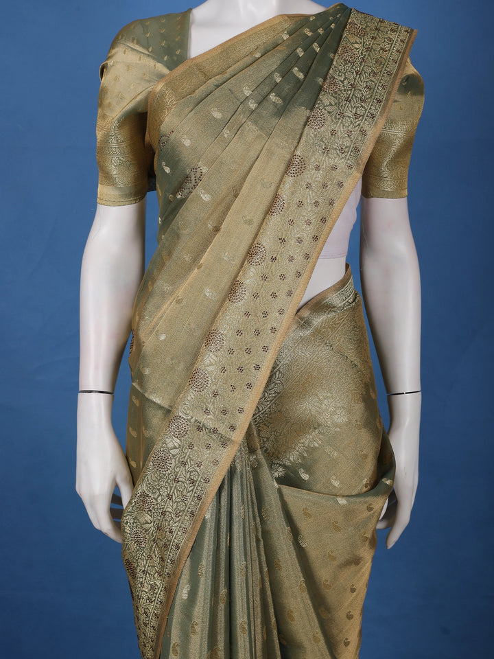 Olive Green Paisley Design Tissue Saree - Diadem
