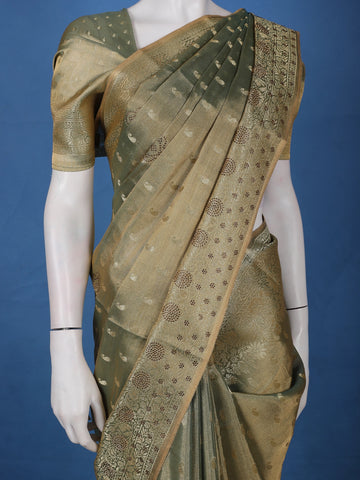 Olive Green Paisley Design Tissue Saree - Diadem