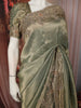 Olive Green Paisley Zari Woven Design Pure Banarasi Festive Saree with Scalloped Border
