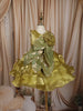 Olive Green Sequins Embroidered Design Organza Kids Party Frock With 3D Floral Appliqué