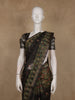 Olive Green and Black Checked Floral Design Cotton Saree