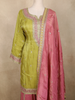 Olive Green and pink Zari Embroidered Design Tissue Silk Palazzo Suit